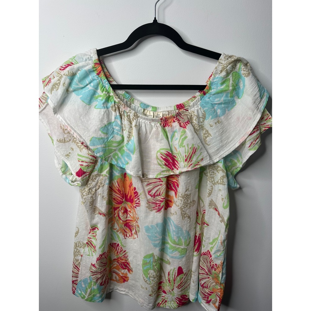 Westbound Tropical Floral Off The Shoulder Ruffle Top White Pink Blue 1X